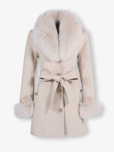 Introducing the easthampton coat, cut from premium woolen fabric . featuring a fox fur collar, cuffs, and a belt for added sophistication. This coat is designed to sculpt and shape while offering timeless elegance. Elegant Fur Coat With Faux Fur Trim For Fall, Elegant Fall Fur Coat With Faux Fur Trim, Luxury Beige Pea Coat For Winter, Luxury Wool Outerwear With Belted Cuffs, Winter Workwear Outerwear With Feather Trim, Elegant Fur Coat With Lapel Collar For Fall, Elegant Pea Coat With Belted Cuffs And Long Sleeves, Elegant Pea Coat With Belted Cuffs, Elegant Formal Wool Coat With Belted Cuffs