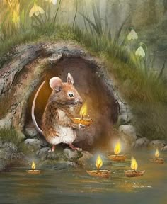 a painting of a mouse holding a piece of bread in front of a cave with lit candles