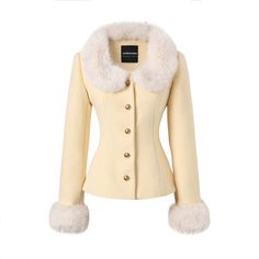 ❤︎ Sweet Cream Yellowf -Calla Slim Court + Argyle Firth Kart [Reservation Product]❤︎ Pink Fur Trim Coat, 70s Elegant Fashion, Cute Winter Clothes For Women, Elegant Yellow Winter Outerwear, Cute Coats For Women, Ice Cream Clothes, Royal Fashion Princesses, Coat Outfits For Women, Feminine Jacket