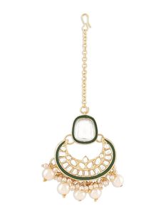 This jewellery set consists of a necklace, maangtika and a pair of earringsGold-plated layered necklace, has white & Green Kundan stone-studded & Pearls beaded detailsSecured with a drawstring closureA pair of matching drop earrings, each secured with a post-and-back closureMatching maangtika secured with hook closure Size & Fit Necklace Length-51 cmEarring Length-8 cm EachMaangtikka Length-12 cmProduct Weight-179 grams Material & Care Material: AlloyPlating: Gold-platedStone Type: Kundan & PearlsCare InstructionWipe your jewellery with a soft cloth after every useAlways store your jewellery in a flat box to avoid accidental scratchesKeep sprays and perfumes away from your jewelleryDo not soak your jewellery in waterClean your jewellery using a soft brush, dipped in jewellery cleaning solu Gold Meenakari Kundan Jewelry Sets, Festive Gold-plated Kundan Necklace, Formal Gold-plated Kundan Necklace With Meenakari, Ornate Brass Kundan Necklace For Wedding, Elegant Meenakari Gold-plated Jewelry Sets, Anarkali Lehenga, Jewelry Cleaning Solution, Beaded Jewellery, Jewellery Set