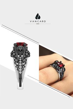 Skull With Lotus Ruby Heart Two Tone Silver And Black Fashion Ring Red Skull Ring For Anniversary, Elegant Red Skull Ring For Wedding, Elegant Red Skull Ring For Anniversary, Black Skull Jewelry For Anniversary, Elegant Red Skull Ring For Gift, Black Skull Ring, Ice Hair, Gothic Ring, Ruby Heart