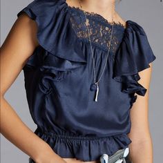 Cute Navy Blue Top! Ribbon Tie On The Back. New With Tags! Blue Casual Lace Top, Casual Blue Lace Top, Elegant Cropped Blue Tops, Blue Ruffled Blouse For Night Out, Blue Cropped Ruffle Top, Chic Blue Blouse With Lace Top, Chic Blue Lace Top Blouse, Chic Cropped Blue Blouse, Chic Blue Cropped Blouse