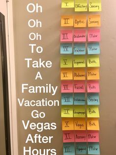 post it notes are stacked on the wall in front of a door that says oh oh to take a family vacation go vegas after hours