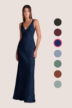 Unleash your ultimate feminine energy in our Tianna Dress. Cut from a beautiful textured floral burnout fabric, this floor length sheath dress features a plunging V-neckline adorned with lace detail and adjustable spaghetti straps for a personalized fit. Moody Bridesmaid Dresses, Dark Blue Evening Dress, Dark Blue Bridesmaid Dresses, Teal Prom Dresses, Ring Dance, Navy Blue Long Dress, Navy Bridesmaid Dress, Prom 23, Prom 2025