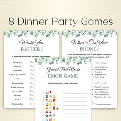 the 8 dinner party games are on display