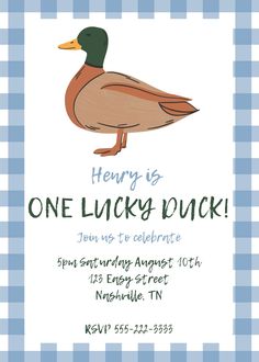 a card with a duck on it that says, henry is one lucky duck