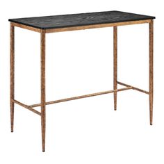 a black marble top and brass frame desk with an aged wood base, against a white background