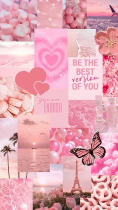 the collage is filled with pink and white images