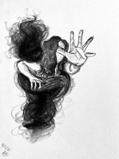 a black and white drawing of a woman holding her hand up