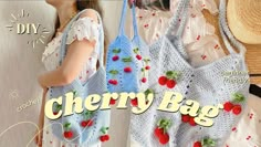 two crocheted purses with strawberries on them and the words cherry bag