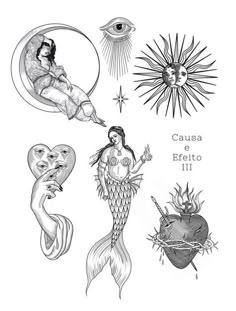 some tattoos that are on the back of a white sheet with an image of a mermaid and