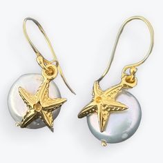 Starfish Pearl Charm Coin 18k Vermeil Gold Earrings Elegant Round Earrings With Star Charm, Elegant Starfish Charm Earrings As Gift, Anniversary Yellow Gold Earrings With Star Charm, Gold Round Earrings With Star Charm, Anniversary Yellow Gold Star Charm Earrings, Elegant Starfish Charm Earrings For Gift, Gold Star Earrings For Formal Occasions, Elegant Gold Earrings With Starfish Charm, Gold Starfish Earrings Nickel Free