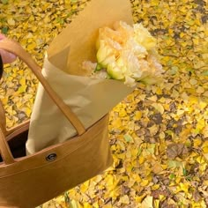 a person is holding a brown paper bag with flowers in it on the ground and yellow leaves