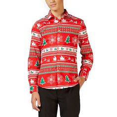 Designed with a festive Christmas-inspired print, this Opposuits big boy's shirt is the perfect style for holiday photos. It's made from stretch-cotton poplin with a spread collar, long sleeves, button cuffs, and a curved hem to effortlessly layer over chinos or jeans.Features: Stretch FabricClosure Type: ButtonFit: Slim FitNeckline: Collar NeckSleeve Length: Long SleeveFiber Content: 97% Cotton, 3% SpandexFabric Description: PoplinCollar: Spread CollarCare: Line Dry, Machine WashCountry of Orig Holiday Festive Long Sleeve Shirt, Red Flannel Shirt For Winter, Red Christmas Shirt For Holiday, Long Sleeve Christmas Holiday Shirt, Red Holiday Tops For Festive Occasion, Red Festive Holiday Top, Winter Holiday Cotton Shirt, Casual Red Holiday Shirt, Cotton Shirt For The Holiday Season