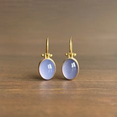 Oval Blue Namibian Chalcedony Cabochon Earrings – Meeka Fine Jewelry Yellow Gold Chalcedony Jewelry With Cabochon, Chalcedony Cabochon Yellow Gold Jewelry, Formal Yellow Gold Chalcedony Jewelry, Crystals Earrings, Cabochon Earrings, Chalcedony Earrings, Gold Frames, Kahlil Gibran, Newport Ri