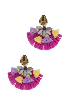 When you wear our Multi Tassel Fiesta Earrings, you are the life of the party. This playful design features polyester tassels on our bright raffia ribbon fan and comes to life with shining glass beads and stones. The studded backs will secure the sparkling stones right where they should be. Wear as a pair or match with the Fiestal Floral Necklace! Materials: Raffia, Mother of Pearl Bead, Polyester Tassel, Glass Bead, Glass Stone, Brass Setting, Polyester Cord, Iron Clasp, Iron Jump Ring Size: 2. Multicolor Beaded Tassel Earrings For Beach, Multicolor Fringe Tassel Earrings For The Beach, Party Beaded Fringe Earrings Adjustable, Trendy Beaded Tassel Earrings For Party, Multicolor Beaded Earrings For Spring Party, Multicolor Tassel Earrings For Beach In Spring, Adjustable Tassel Earrings For Spring Party, Trendy Beaded Tassel Earrings For Summer, Trendy Summer Beaded Tassel Earrings