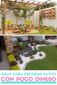 an outdoor patio with wooden benches and plants