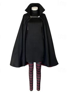 a black caped dress with striped tights and stockings on the legs is shown