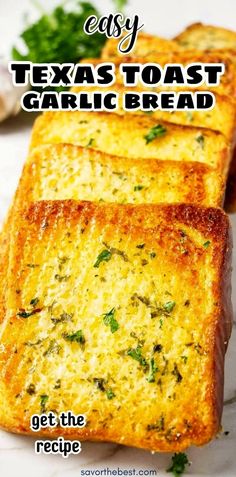 two slices of garlic bread on a plate with the text easy texas toast garlic bread