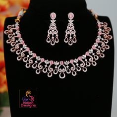 Statement American Diamond rose gold Necklace set, featuring Pink stone Luxury look CZ Diamond and white AD stones in floral design. Perfect for weddings, parties, or any special occasion and feel like a Bollywood bride. Diamond Choker Necklace Indian, Ad Stone Necklace, Rose Gold Necklace Set, Choker Necklace Indian, Indian Choker Necklace, Bollywood Bridal, Pink Choker, Diamond Choker Necklace, American Diamond Necklaces