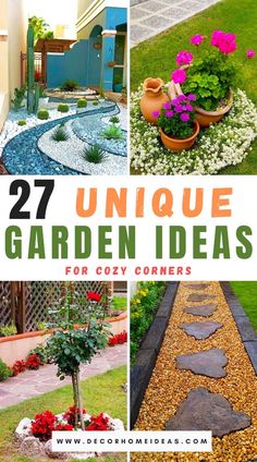 several different garden ideas with flowers and plants