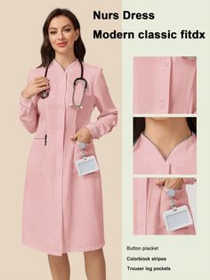 Solid Color Long Sleeve Nurse Dress, Simple Fashion Casual Everyday Wear Pink Elegant  Long Sleeve Woven Fabric Plain A Line Non-Stretch  Women Uniforms & Special Clothing, size features are:Bust: ,Length: ,Sleeve Length: Nurse Dress Uniform, Women's Uniforms, Uniform Dress, Special Clothes, Nursing Dress, Modern Dress, Round Neck Tops, Casual Sweaters, Pocket Dress