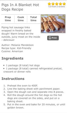 the recipe for pigs in a blanket hot dog