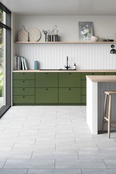 Kithchen with dark green cabinets, wood counter tops and light grey stone effect tiles. Living Rooms Bohemian, Gallery Kitchen Layout, Painting Cupboards, White Kitchen Units, Grey Kitchen Tiles, White Laminate Flooring, Grey Laminate Flooring, Vinyl Flooring Kitchen