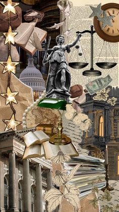 collage of images with books, money, scales and other things on them including a statue