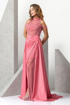 Pink sheer gown featuring hand-embroidered pearl work and a front slit, Fit: Relaxed Gala Floor-length Gown With Pearl Embroidery, Floor-length Gown With Pearl Embroidery For Gala, Pearl Embroidered Floor-length Gala Gown, Pearl Embroidered Evening Dress For Gala, Evening Dress With Pearl Embroidery And Fitted Bodice, Fitted Bodice Evening Dress With Pearl Embroidery For Gala, Gala Evening Dress With Pearl Embroidery And Fitted Bodice, Evening Dress With Pearl Embroidery For Gala, Formal Gown With Pearl Embroidery And Fitted Bodice