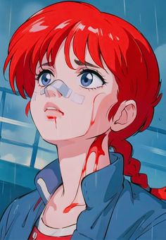 a woman with red hair and blue eyes stares into the distance while standing in the rain