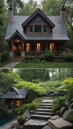 two pictures side by side of a house with steps leading up to the front door