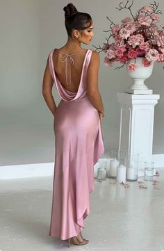 Marilyn Maxi Dress - Blush Pre-draped Evening Dress With Cowl Back For Party, Pre-draped Satin Evening Dress For Night Out, Bias Cut Draped Evening Dress For Weddings, Draped Bias-cut Satin Dress For Gala, Draped Bias Cut Satin Dress For Gala, Draped Satin Dress With Bias Cut For Gala, Pre-draped Satin Finish Draped Evening Dress, Elegant Bias-cut Floor-length Satin Dress, Satin Finish Pre-draped Evening Dress