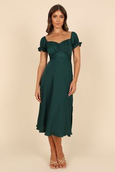 Mickenna Sweetheart Frill Midi Dress - Emerald - Petal & Pup USA Bridesmaid Dress With Sleeves Short, Midi Cocktail Dress With Sleeves, Semi Formal Dresses With Sleeves, Green Graduation Dress, Cross Overlay, Dark Green Midi Dress, Off Shoulder Cocktail Dress, Midi Bridesmaid Dress, Petal And Pup