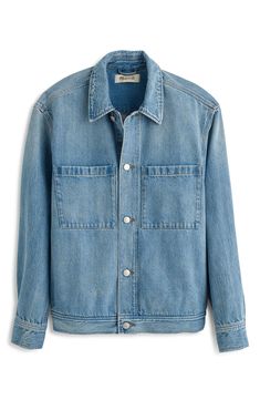 Designed with a relaxed fit, this denim jacket was made with classic details like a button closure and top-entry chest pockets. 27 1/2" length Front button closure Spread collar Button cuffs Chest patch pockets 100% cotton Machine wash, tumble dry Imported