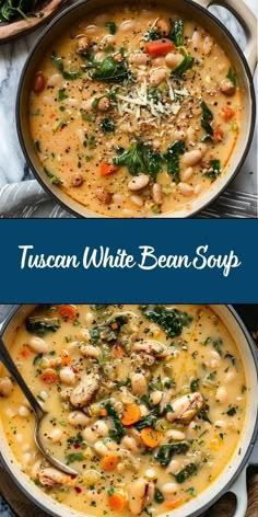 two bowls of tuscann white bean soup with spinach and carrots