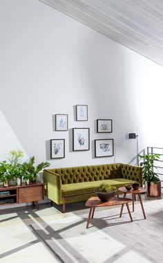 a living room filled with furniture and potted plants on top of it's tables