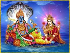 two deities sitting on the ground in front of a blue sky with stars and clouds