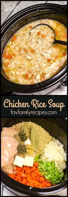 chicken rice soup in a crock pot with carrots, celery and onions