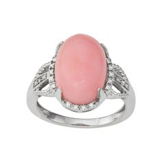 Add an eye-catching accent to your look with this stunning pink opal and diamond accent ring. Add an eye-catching accent to your look with this stunning pink opal and diamond accent ring.Click on this JEWELRY & WATCHES GUIDE to learn about fit, styles, materials and more! Metal: sterling silver Plating: rhodium Width: 2.39 mm Finish: polishedSTONE DETAILS Stone type: pink opal Total weight: 5 ct. Center stone size: 14 mm x 10 mm Shape: oval cabochon Setting: prongDIAMOND DETAILS Total weight: le Formal Opal Ring With Accent Stones, Pink Opal Gemstone Ring For Anniversary, Elegant Pink Opal Jewelry For Formal Occasions, Formal Pink Oval Opal Ring, Elegant Formal Pink Opal Jewelry, Elegant Oval Pink Opal Ring, Pink Opal Ring For Anniversary, Elegant Pink Opal Ring For Anniversary, Elegant Silver Rings With Pink Opal