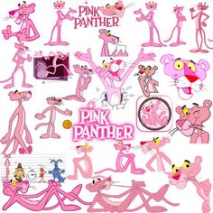 pink panther wallpaper with various cartoon characters and their name on the back ground, as well as images of them