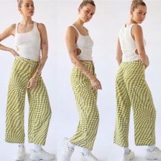 New With Tags Waist 28" Length 38" Rise 13" Inseam 25" Green Relaxed Fit Bottoms From Urban Outfitters, Urban Outfitters Relaxed Fit Green Bottoms, Green Wide Leg Bottoms By Urban Outfitters, Green Wide Leg Pants By Urban Outfitters, Retro Green Bottoms For Day Out, Casual Houndstooth Trousers, Urban Outfitters White Wide Leg Bottoms, White Wide Leg Bottoms From Urban Outfitters, Urban Outfitters White Summer Pants