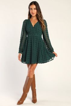 Always on Repeat Emerald Green Clip Dot Long Sleeve Mini Dress Emerald Green Mini Dress, Plus Size Skater Dress, Dresses With Cowboy Boots, Green Formal Dresses, Dot Texture, Emerald Green Dresses, Lulu Fashion, A Line Mini Skirt, Green Mini Dress