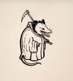 an ink drawing of a rat with a knife in it's mouth and wearing a robe