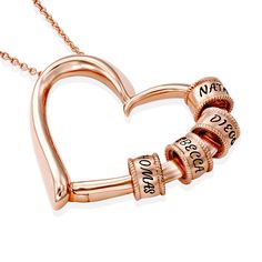 Charming Heart Necklace with Engraved Beads in Rose Gold Plating - 1 Beads Name, Engraved Heart Necklace, Copper Heart, Customizable Jewelry, Mothers Necklace, Handmade Jewelry Gift, Mom Necklace, Gifts For Your Mom, Beautiful Heart