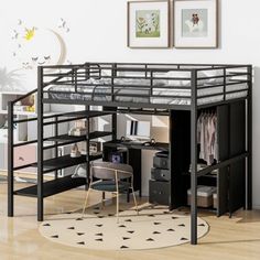 a loft bed with desk underneath it in a room that has hardwood floors and white walls