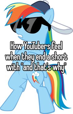 a rainbow pony with sunglasses and the caption how youtubebers feel when they end a short