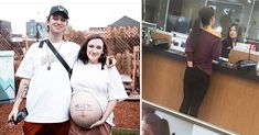 a man and woman standing next to each other in front of a counter with a pregnant belly