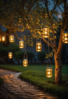 mason jar lights hanging from a tree