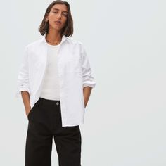 The Relaxed Oxford Shirt White – Everlane Classic Everyday Dress Shirt For Spring, Classic Dress Shirt For Everyday Spring Wear, Classic Relaxed Fit Dress Shirt For Everyday, Classic Dress Shirt With Relaxed Fit For Everyday, Classic Relaxed Fit Shirt For Everyday, Casual Everyday Collared Dress Shirt, Classic Shirt With Welt Pockets For Everyday, Casual Relaxed Fit Dress Shirt For Everyday, Casual Dress Shirt With Relaxed Fit For Everyday